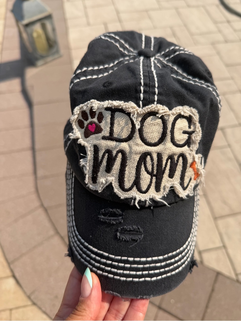 Dog Mom Distressed Black Baseball Cap with Patch